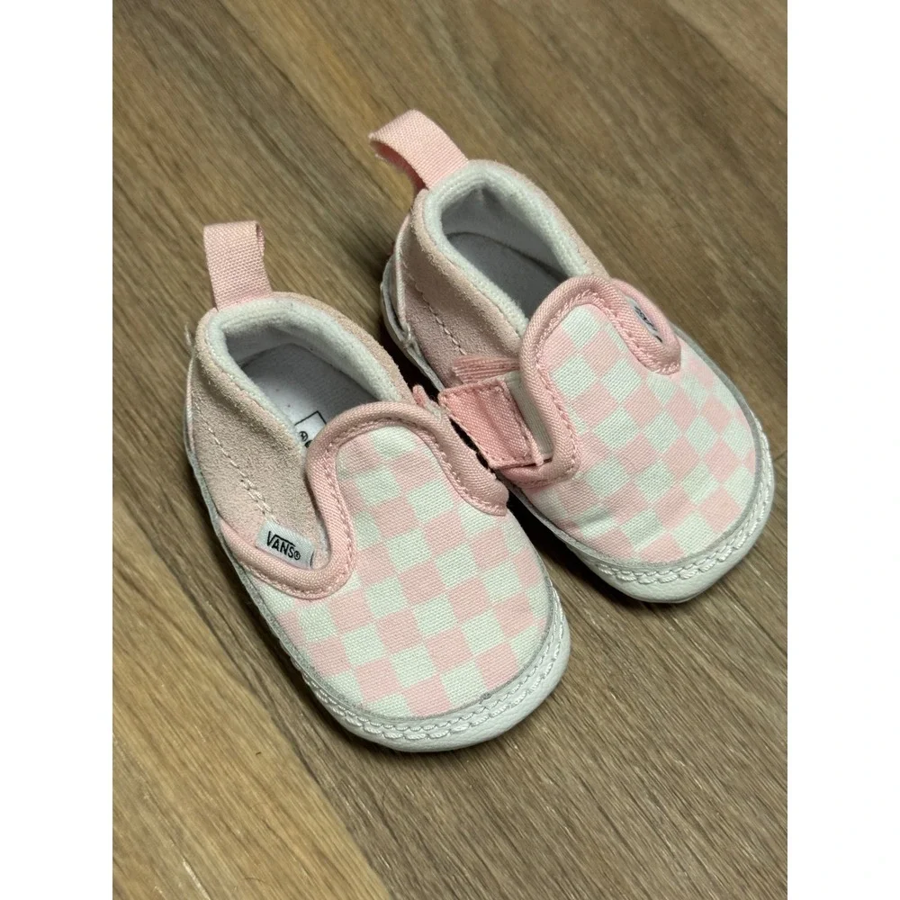 Vans Slip-On V Infant Pink White Checkerboard Crib Shoes Size 1.0 Soft Sole